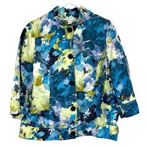 Coldwater Creek Cotton Linen Blue Green Watercolor Button 3/4 Sleeve Jacket 14